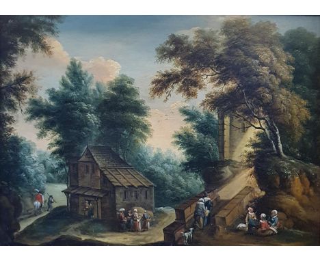Continental school, 19th century,  landscape with figures, oil on board, 26 x 36 cm 
