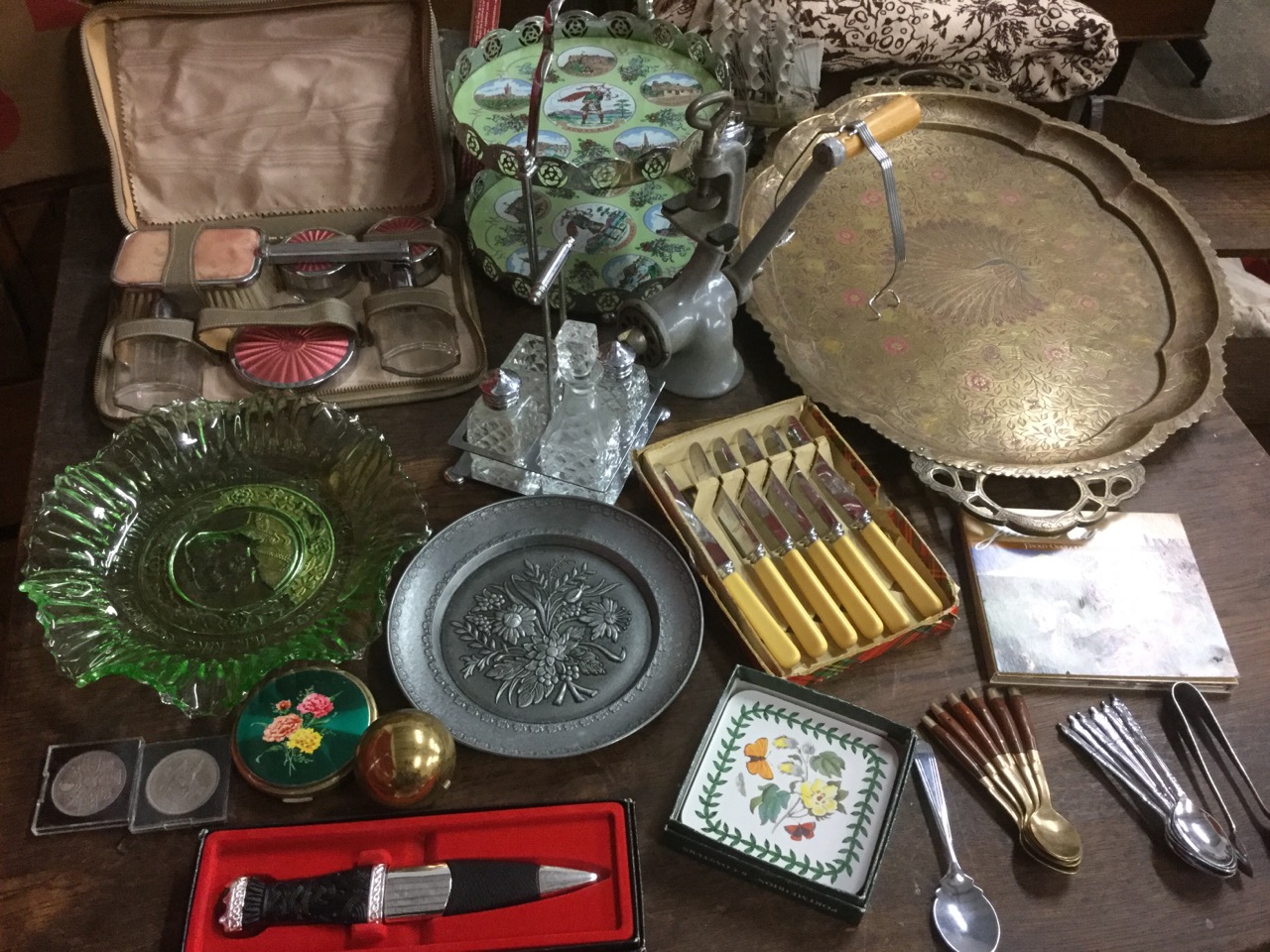 Miscellaneous collectors items including an embossed pewter plate, a