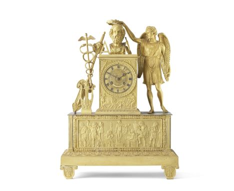 A first quarter of the 19th century French ormolu mantel clockThe central plinth set with the attributes of The Arts and the 