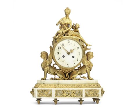 A late 19th century French ormolu and marble mantel clock'Hope nursing Love'the Neoclassical-inspired case surmounted by the 