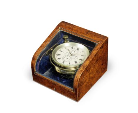 An interesting second half of the 19th century eight day marine chronometer movement in a burr walnut glazed display caseChar