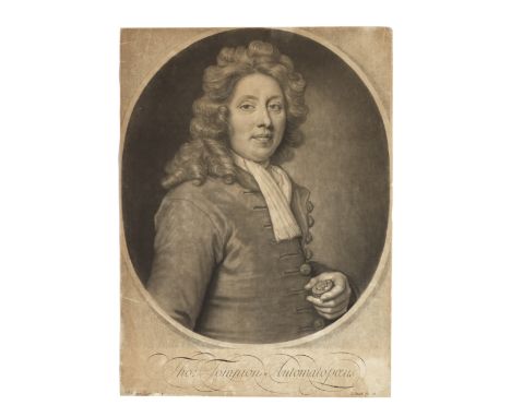 Thomas Tompion portraitThomas Tompion Automatopaeus Mezzotint by John Smith after Godfrey Kneller, 1697, half length with thr