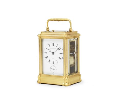 A good late 19th century French gorge cased repeating carriage clock with alarm, original travelling case and winding keyAube