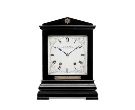 A late 19th century ebonised mantel clock presented by Lord ChurchillPayne &amp; Co, 163 New Bond Street, LondonThe architect