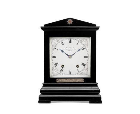 A late 19th century ebonised mantel clock presented by Lord ChurchillPayne &amp; Co, 163 New Bond Street, LondonThe architect