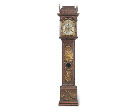 A FINE AND RARE EARLY 18TH CENTURY FAUX TORTOISESHELL JAPANNED LONGCASE CLOCKBenjamin Broadhead, LondonThe caddy top with tur