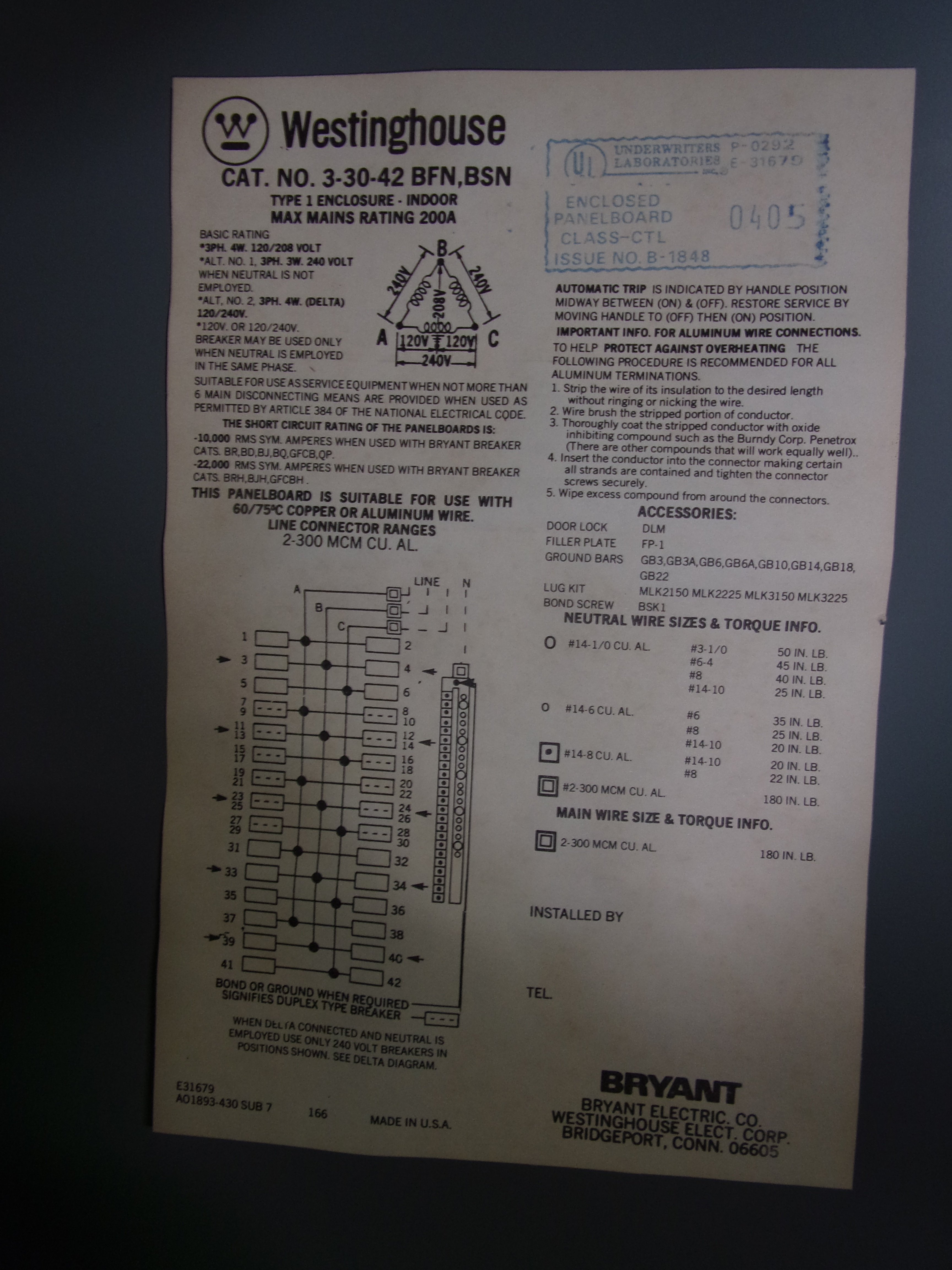 NEW WESTINGHOUSE BREAKER PANEL,MAX 200 AMP, CAT33042, BFN,BSN