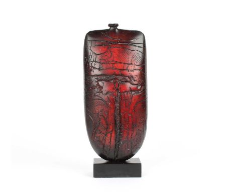 Peter Hayes (British 1946-) Raku Bottle Red with fractured surface, signed to rectangular black slate base.32cm highNumerous 