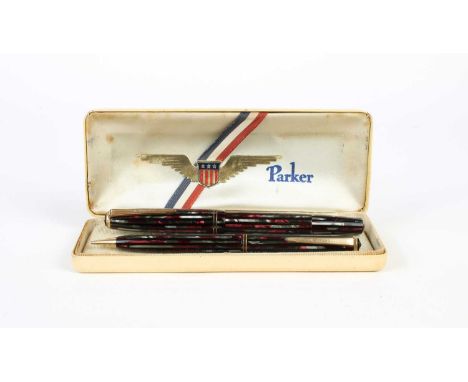 Parker Duofold USA-Made Fountain Pen and Pencil Duo Circa 1940s, both in matching striped resin colourway with gold-plated mo