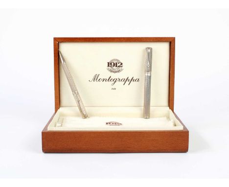 Montegrappa .925 Silver Mounted Fountain Pen and Propelling Pencil Both with Greek key detail, the fountain pen with two-tone