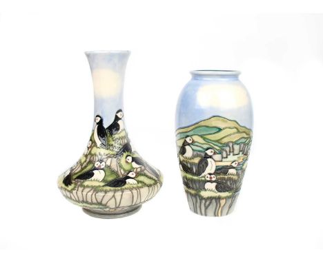 Moorcroft Two "Puffin" Pattern Vases The first and taller of bottle form, the second of baluster form, both with WM monograms