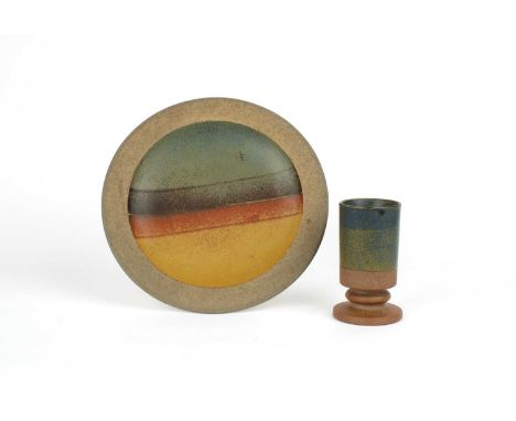 Robin Welch Pottery (British 1939-2019) Table Goblet and Plate Stoneware with speckled and banded glazes, the plate dished, t