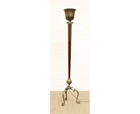 Attributed to Genet et Michon French Mid-Century Floor Lamp Circa 1940, the inverted brass bell-shaped shade on turned and ta