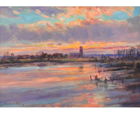 Andrew King (British 1956-) "Towards Blythburgh, Evening Light" Signed, titled and dated 2010 on artist's label verso, oil on