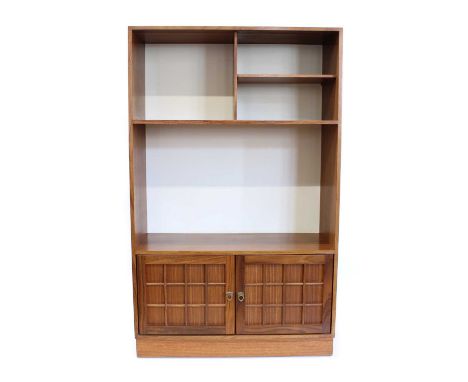 Herbert Gibbs for A. Younger Teak Display Unit Circa 1960s, with arrangment of shelves above twin lattice-panelled cupboard d