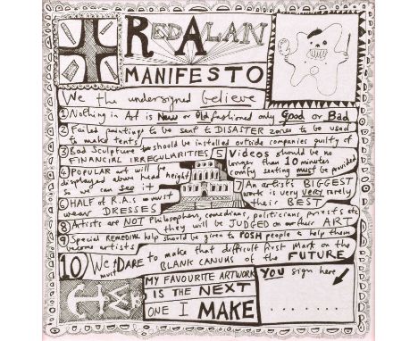 Sir Grayson Perry O.B.E., R.A. (British 1960-) "Red Alan Manifesto" Printed on a paper napkin.32.5 x 32.5cm (framed 36.5 x 36