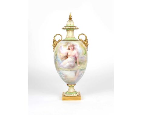 George White for Royal Doulton "Leda and the Swan" Urn Circa 1910, with gilt highlights and bands of pale green enamel, raise