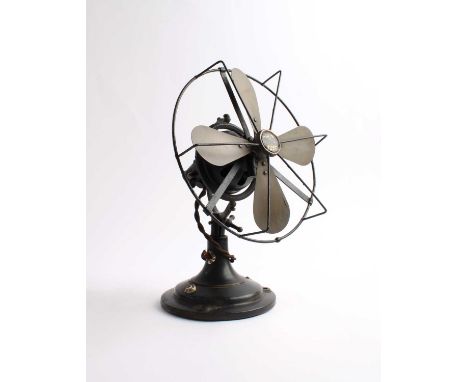 Metallic Seamless Tube Co. Ltd. "The All-British Zephyr Patent Fan" Mid-20th century, black coated iron with gimbal mount, pa