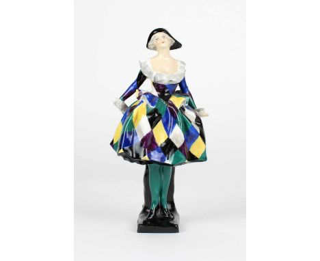 Leslie Harradine for Royal Doulton HN585 "Harlequinade" Issued circa 1926-1940, in chequered dress of purple, blue, green, bl