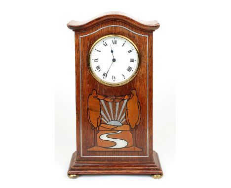 Liberty & Co. Arts & Crafts Oak Cased Mantel Clock With shaped top above rectangular case decorated with stylised landscape m