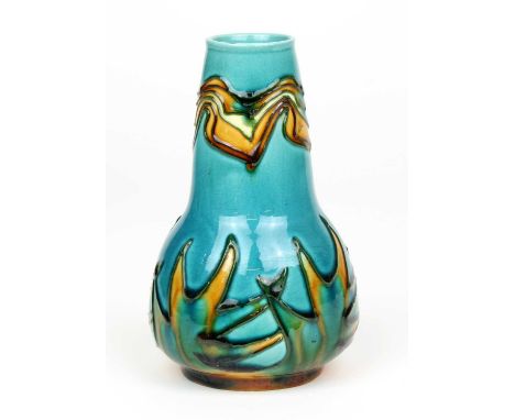 Minton Ltd "Secessionist" Pottery Vase  Gourd form with turquoise body glaze and tube-lined detail, printed marks Minton Ltd 