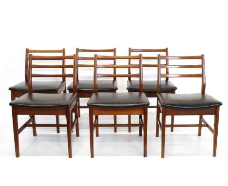 A &amp; F H Set of Six Teak Dining Chairs Circa 1960s, black vinyl leather-effect seats, shaped backs on tapered square secti