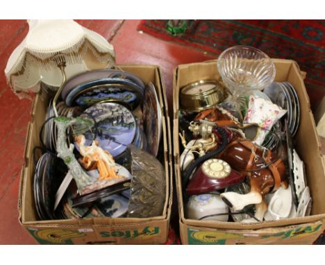 Two boxes of miscellaneous to include cabinet plates, figural table lamp, ceramic figure of a shire horse etc.