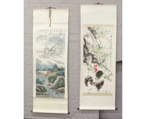 Four Chinese watercolour scrolls mountain village landscape, floral displays and hunting tiger with poems.