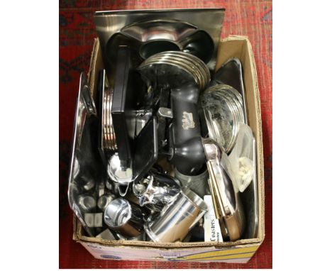 A box of metalwares to include silver plate serving trays, teawares, kitchen scales etc.