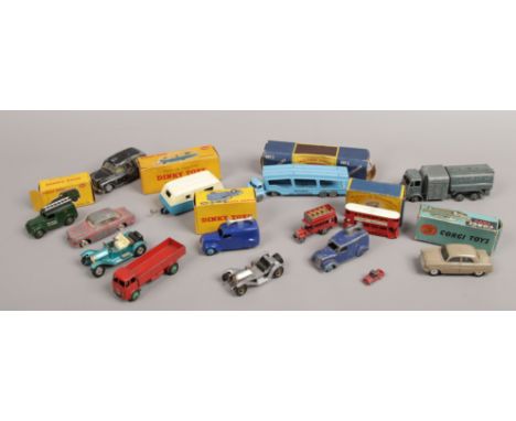 A tray of 15 vintage Diecast toy vehicles to include Matchbox, Corgi and Dinky examples, some in original boxes.