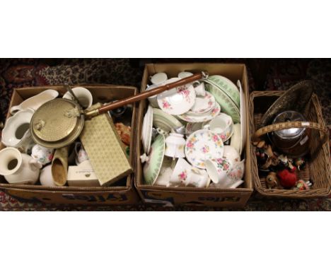 Two boxes and a wicker basket of miscellaneous including Royal Worcester, Susie Cooper, silver plate, bone china tea wares, b