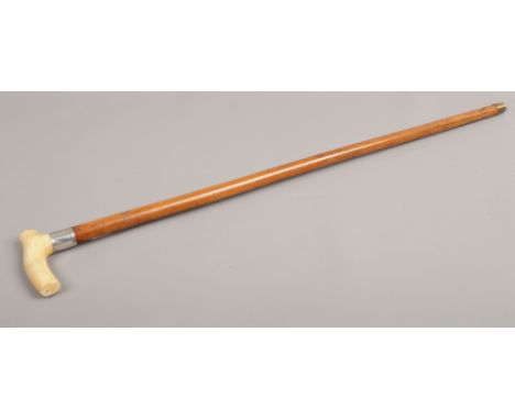 An antique Malacca walking stick with silver collar and ivory handle.