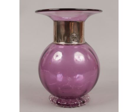 An Anthony Stern amethyst glass vase with white metal collar and impressed mark, approximately 22cm height.