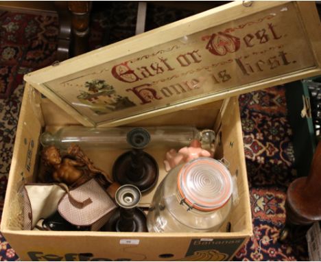 A box of miscellaneous Brownie box cameras, glass rolling pin, storage Wade pig and barleytwist candlestick etc.