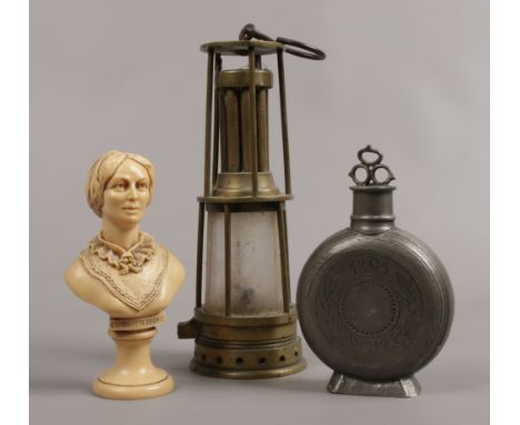 A R. Johnson Clapham &amp; Morris of Manchester miners safety lamp along with pewter flask dated 1895 and a composite bust of