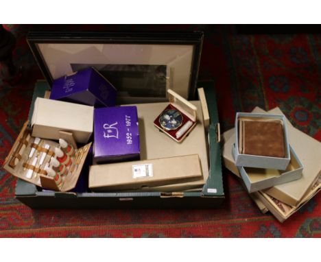 A box of miscellaneous to include commemorative glasses, brush sets, cased Kigu compact, two framed Worksop pictures etc.