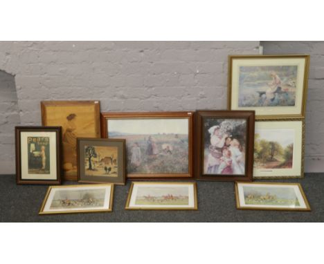A quantity of framed pictures including a Pears soap advertising&nbsp; print, a marquetry inlaid picture of gypsy woman, rura