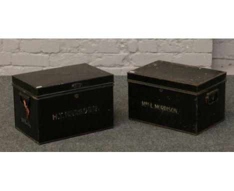Two vintage tin deed boxes, one with key.