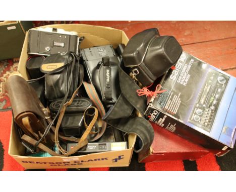 A box of photographic equipment to include boxed mini Cine camera, Sanyo camcorder, Canon cameras, lenses etc.