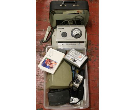 A box of photographic equipment to include Olympus cameras, Polaroid, Kodak, Kodak printer dock, Aldis projector, cased Steno