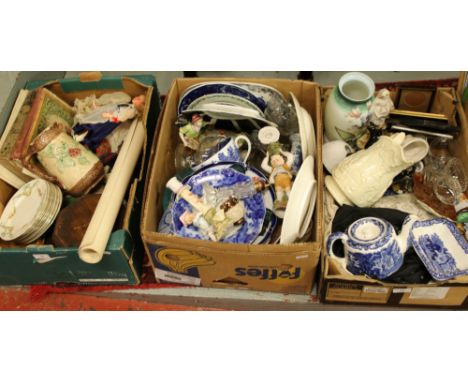 Three boxes of miscellaneous including 19th century pottery, Pears soap advertising poster, blue and white, glassware's, line