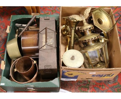 Two boxes of mainly metalwares to include chrome table lamp, ammo box, Enfield mantle clock, brasswares etc.