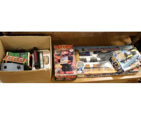 A Hornby Thomas the Tank Engine train set with accessories along with a Classic Star Trek phaser and a Saturn 13 inch walking