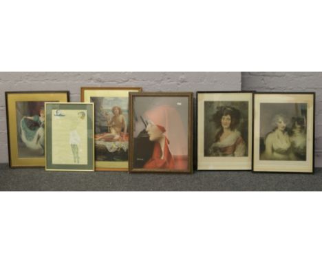 Six framed vintage portrait prints including portrait of St Fabiola after Jean Jacques Henner.