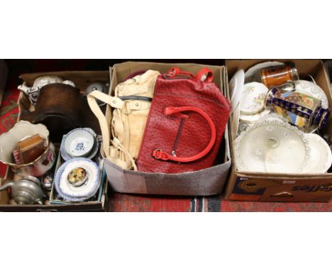 Three boxes of miscellaneous to include ladies handbags, Westminster chime mantle clock, Roslyn bone china tea wares etc.