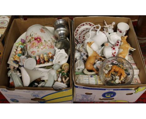 Two boxes of miscellaneous to include jug and bowl, Pendelfin, Wade Whimsies, Beswick, Regency Fine Art ceramic shop fronts e