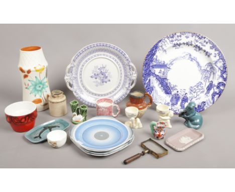 A quantity of collectable ceramics including Masons, Shelley, Poole stoneware etc, along with a vintage brass mounted magnify