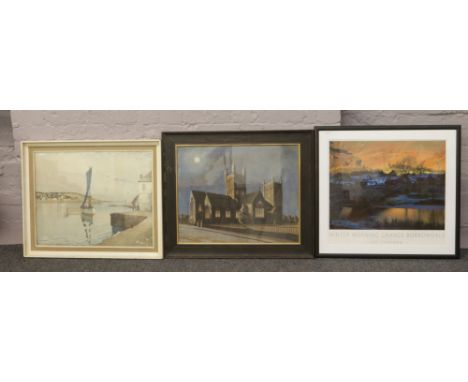 A Lee Chapman print, winter morning Grange Borrowdale and view of a church along with a boating scene.