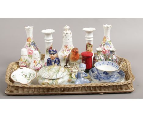 A tray of collectable ceramics including Aynsley, Hammersley, a Goebel model of Robin, Royal Albert, 19th century blue and wh