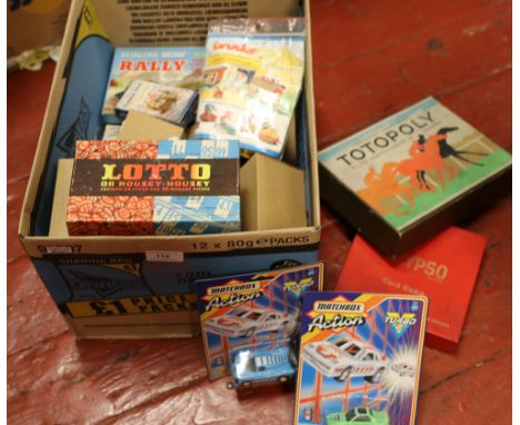 A box of vintage games and Diecast vehicles to include Totopoly, Matchbox, Stirling Moss rally etc.